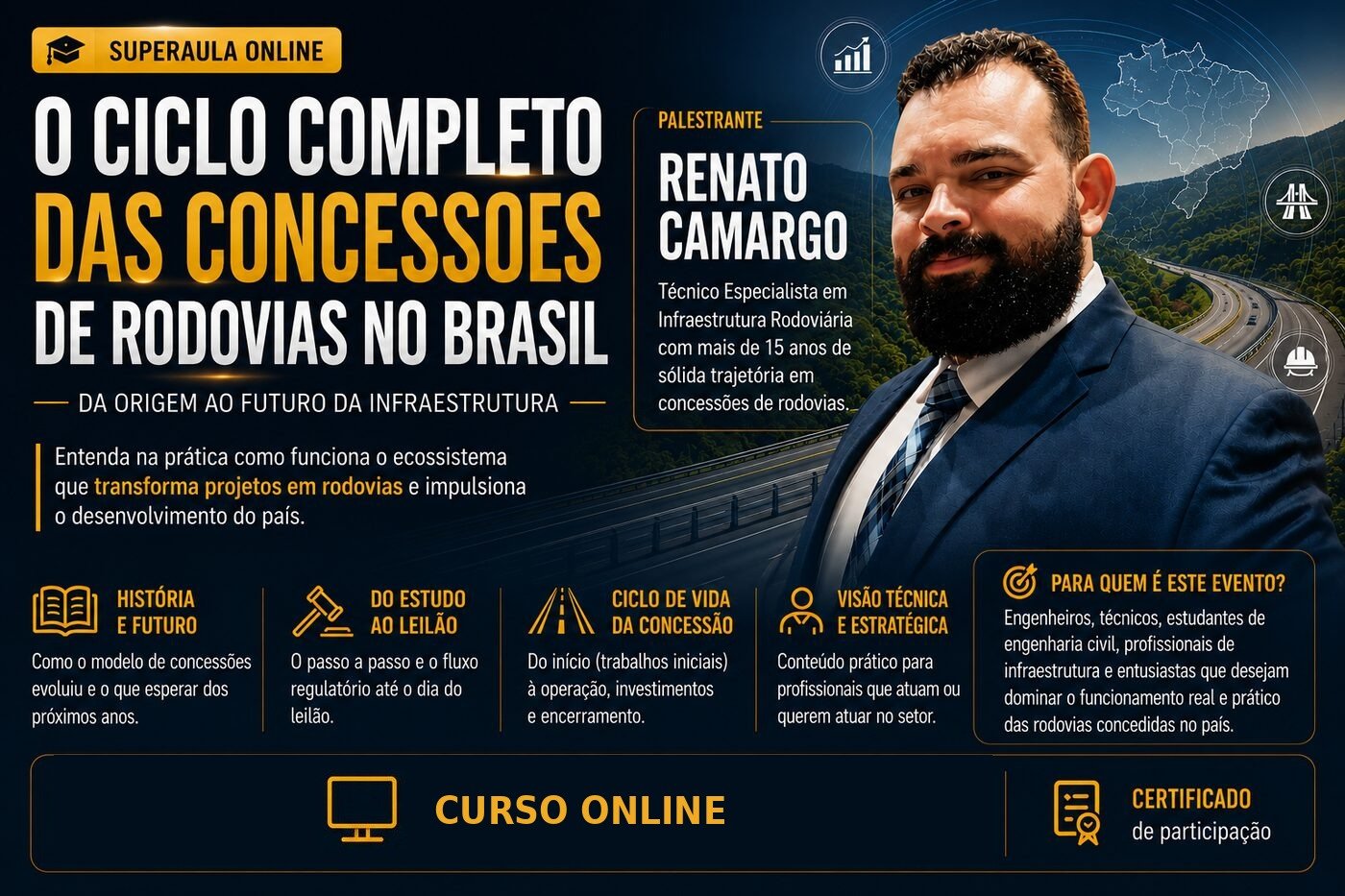 Superaula Online — O ciclo completo das concessões de rodovias no Brasil, com o palestrante Renato Camargo. Curso online com certificado de participação.